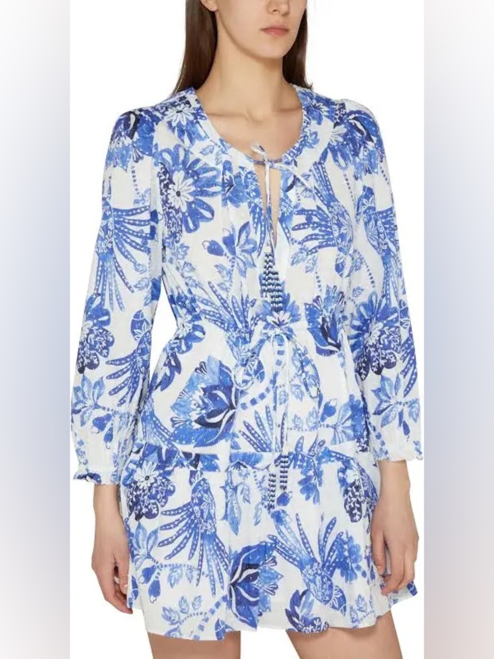 Like New FARM Rio White and Blue Floral Tiered Dress with Beaded Tassels, Small - Picture 8 of 8